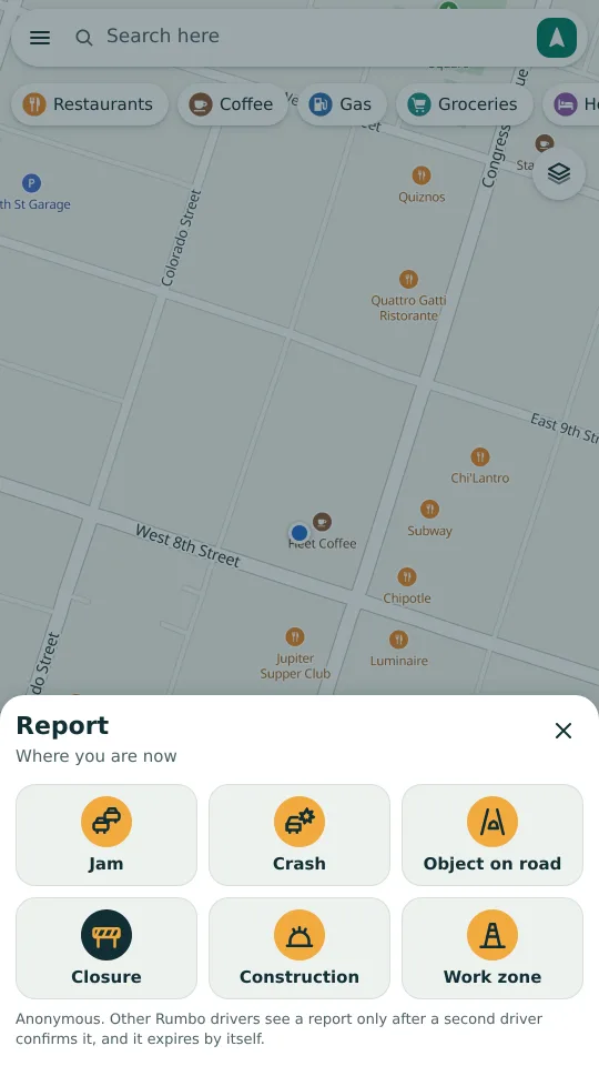 The Report panel with six kinds of road report.